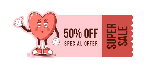 Voucher, cupon design for Retro Happy Valentines Day with Groovy lovely cartoon characters Heart and elements. Love and romance concept for super sale. Vector