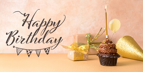Obraz na płótnie Canvas Birthday greeting banner with tasty chocolate cupcake