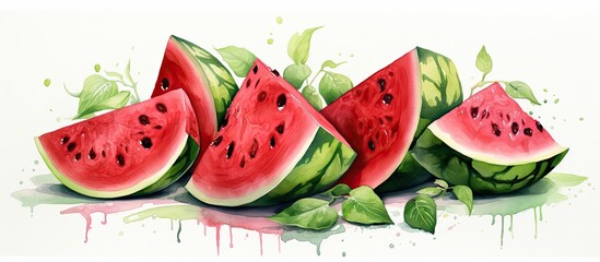 Watermelon pieces painted on white background - obrazy, fototapety, plakaty