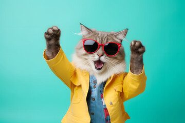 Gato con ropa de humano y lentes a la moda fondo de estudio liso de color azul