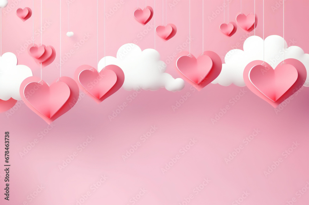 Fototapete happy valentine's day greeting background in papercut realistic style. paper clouds, flying realisti