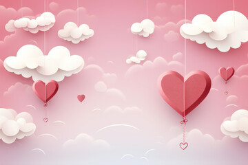 Happy Valentine's Day greeting background in papercut realistic style. Paper clouds, flying realistic hearts on a string. copy space.
