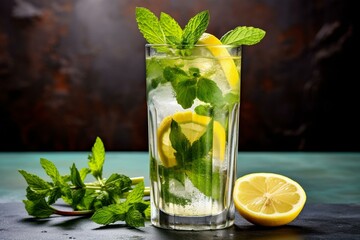 Fresh mojito cocktail with yellow lemon in highball glass on marble background, mint, ice in glass on grey background. Refreshing summer cocktails. Generative AI