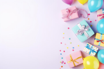colorful gift boxes Colorful festive on background frame Cards for colorful birthday party objects and gift boxes on a pastel color background