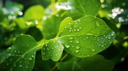 Rain drops on fresh green leaves, natural background