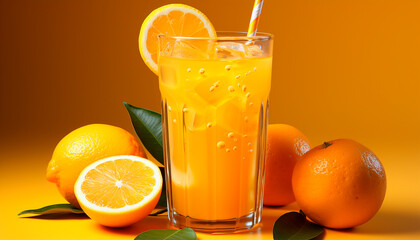 Fresh citrus slice in a glass, refreshing summer lemonade generated by AI