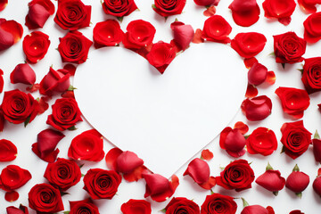 Red roses over a white background flat lay. Valentine's Day, Birthday abstract background with copy space