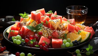 Fresh gourmet fruit salad watermelon, tomato, grape, melon, strawberry, raspberry generated by AI
