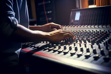 Expert sound engineer adjusts mixer knobs .generated by AI