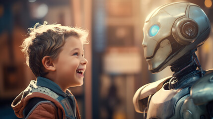 Fototapeta na wymiar A joyful child and a robot companion depict the modern bond between humans and AI-powered friends.