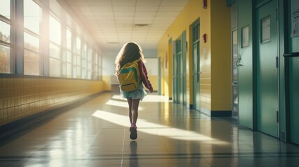 Fototapeta premium The back of a small child in the school corridor