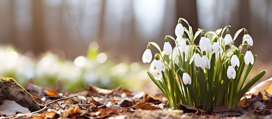 Galanthus flowers on dry leaves with space for text