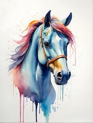 watercolor painting, A single line art, a super minimal horse head, high quality, 8K Ultra HD, masterpiece, Watercolor, wash technique, colorful, A painting with dripping and scattered paint