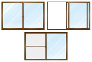 ブラウンの引き違い窓　Ａ　ガラスあり　サッシ　セット