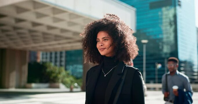 Professional, black woman and commute by city building with thinking and smile for morning travel or journey outdoor. Happiness, person with afro and corporate worker walking to work in urban town