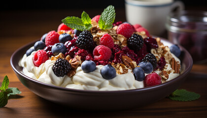 Fresh berry parfait with yogurt, granola, and mint leaf garnish generated by AI