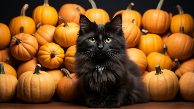 A black cat with pumpkins for Halloween in the background