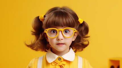 funny child school girl on yellow background,Little boy happy studying in classroom, copy space - obrazy, fototapety, plakaty