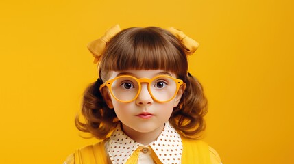 funny child school girl on yellow background,Little boy happy studying in classroom, copy space