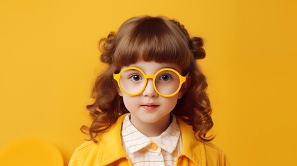 funny child school girl on yellow background,Little boy happy studying in classroom, copy space - obrazy, fototapety, plakaty