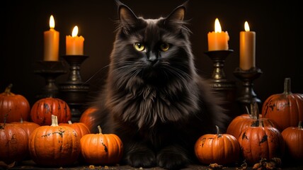 Black furry cat with pumpkins and candles