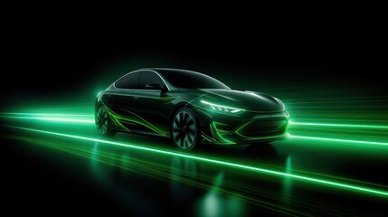 Green neon glowing in the dark electric car on high speed running concept.