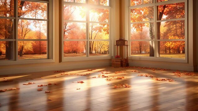 An enchanting autumn scene featuring a magnificent display of delicate falling leaves. The sunlight streams through an open window, creating a heavenly glow and casting intricate, moving