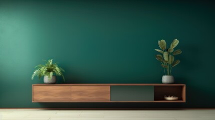 Home decoration concept,Living room with cabinet for tv on dark green color wall background - obrazy, fototapety, plakaty