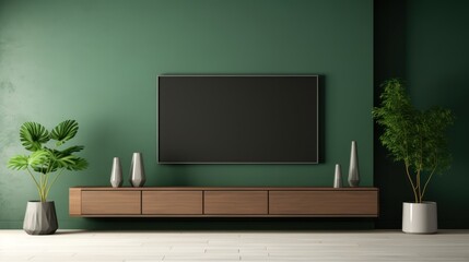 Home decoration concept,Living room with cabinet for tv on dark green color wall background