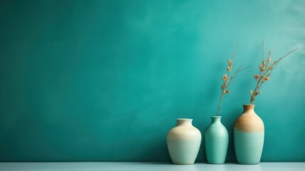 Minimal interion design with ceramic vases on teal plaster texture wall