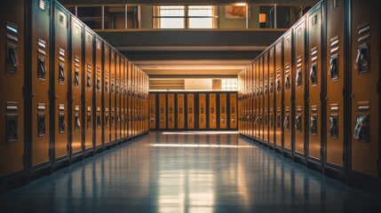 Education and happiness, Lockers in school corridor, places for storing students' bags in high school