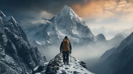 man very equipped to climb a snowy mountain, - obrazy, fototapety, plakaty