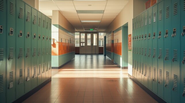 Education and happiness, Lockers in school corridor, places for storing students' bags in high school