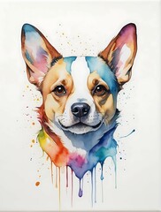 watercolor painting, A single line art, a super minimal cute dog head, high quality, 8K Ultra HD, masterpiece, Watercolor, wash technique, colorful, A painting with dripping and scattered paint