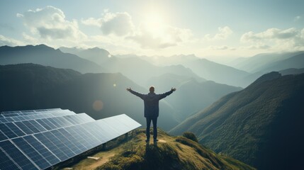 A young man stands with his arms outstretched on the mountain. There are solar panels around, energy and nature. - obrazy, fototapety, plakaty