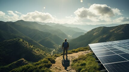 A young man stands with his arms outstretched on the mountain. There are solar panels around, energy and nature. - Powered by Adobe
