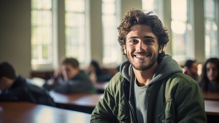 Graduation concept, Smiling male student sitting in university classroom, teenager and studying - obrazy, fototapety, plakaty