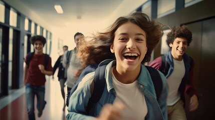 Teenager school kids running in high school hallway ,happy, smiling 