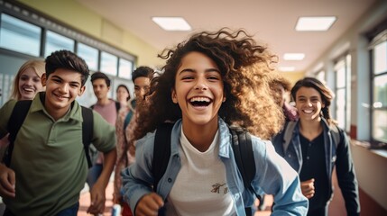 Teenager school kids running in high school hallway ,happy, smiling 