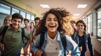 Fotobehang Teenager school kids running in high school hallway ,happy, smiling  © CStock