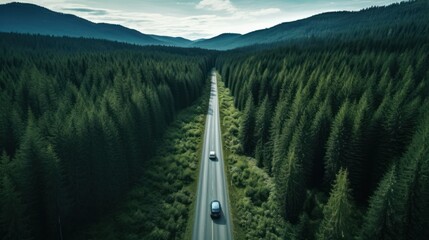 Top view forest road going through forest with car adventure, drone view 