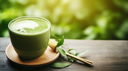 Top view Hot green tea latte with green leaves and wooden spoon 