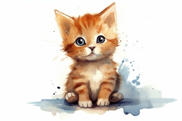 Aquarelle-style cartoon illustration of an adorable cat. Generative AI