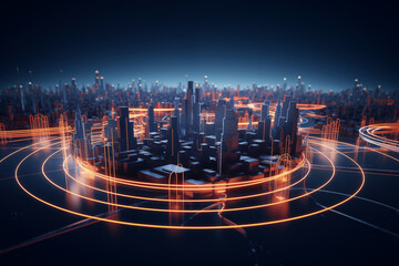 Architectural mockup of a futuristic city with skyscrapers, fast transportation, red ight beams and lasers in the shape of circles around city, design graphic model illustration