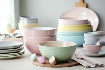 Fototapeta na wymiar Shop with pastel color tableware items like bowls, dishes, and cups. Generative AI