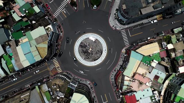 Aerial 4k footage of roundabout in Chiayi city, Taiwan.