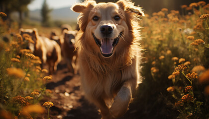 Cute puppy playing in the green meadow under the sun generated by AI