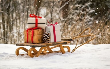 A rustic wooden sled laden with wrapped presents, set against a backdrop of freshly fallen snow