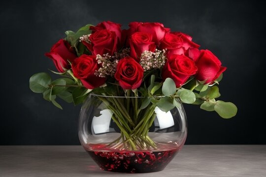 Transparent vase with red roses. Generative AI