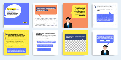 Minimal modern style of social media post banner layout template pack in purple, orange, yellow color combination background with simple bubble chat text elements.